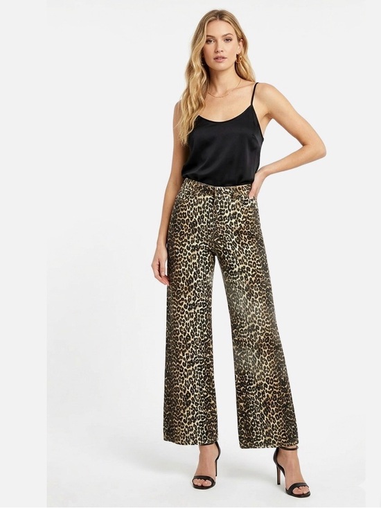 Tractr Pants - Tractr Snow Leopard-Print Wide-Leg Pants - Jeans Black, Tan, White Size 12